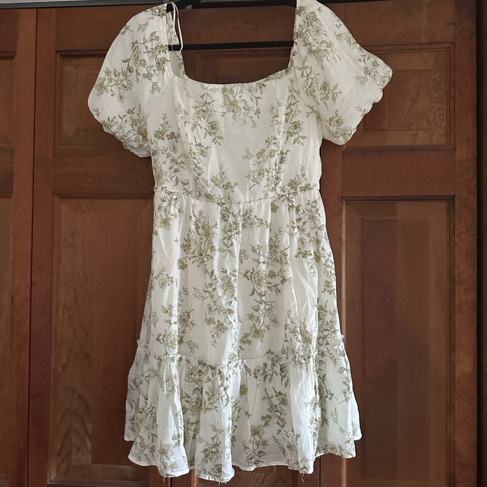 Floral White and Green Dress